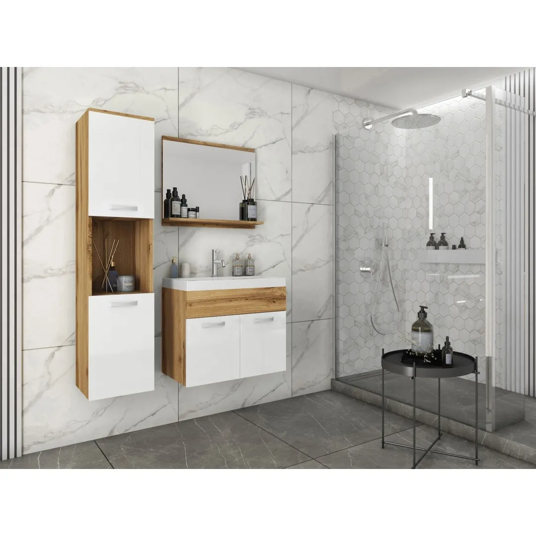 Komplet mebli łazienkowych "MONAL", dąb Wotan / biały połysk