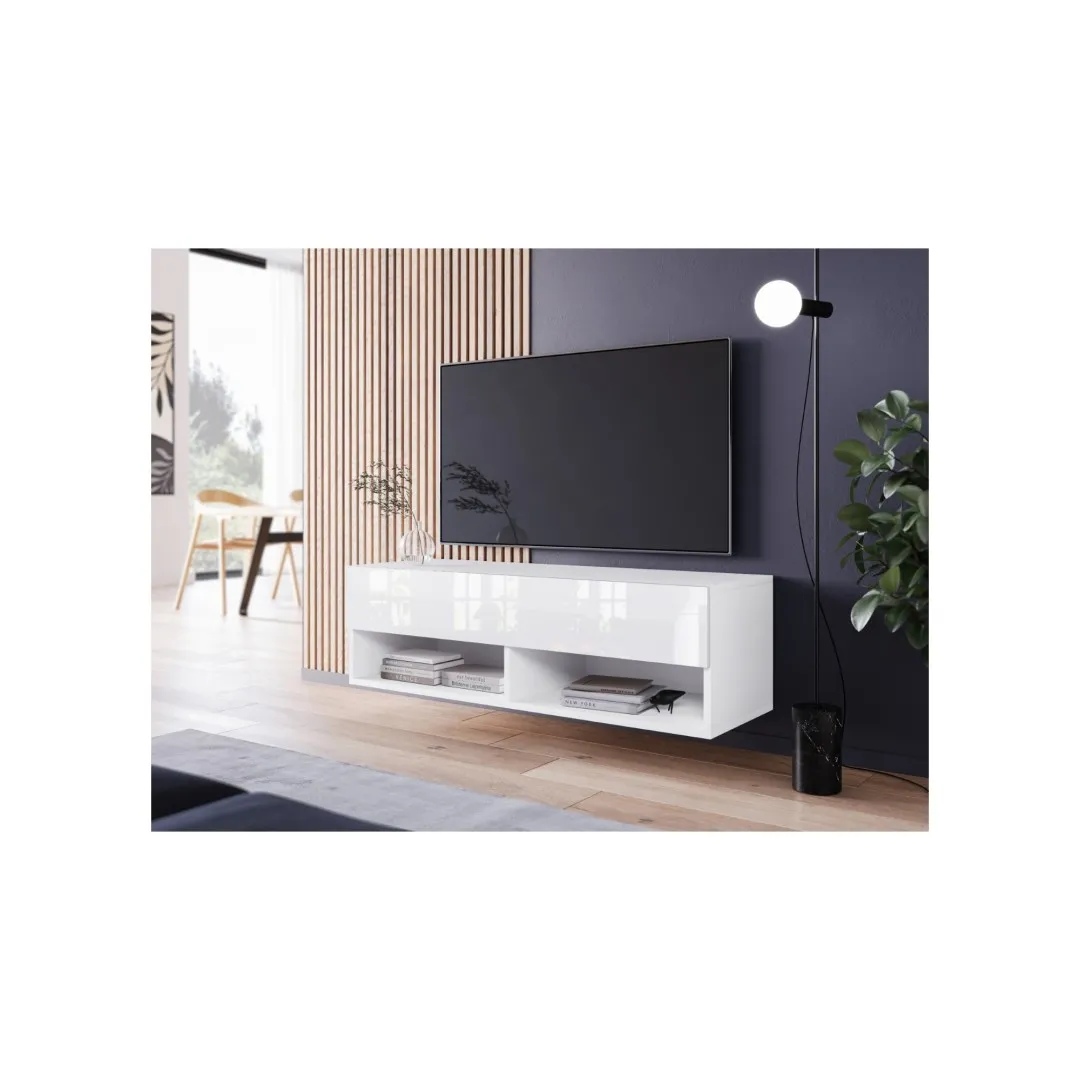 Biała wąska szafka pod TV ANNE z połyskiem