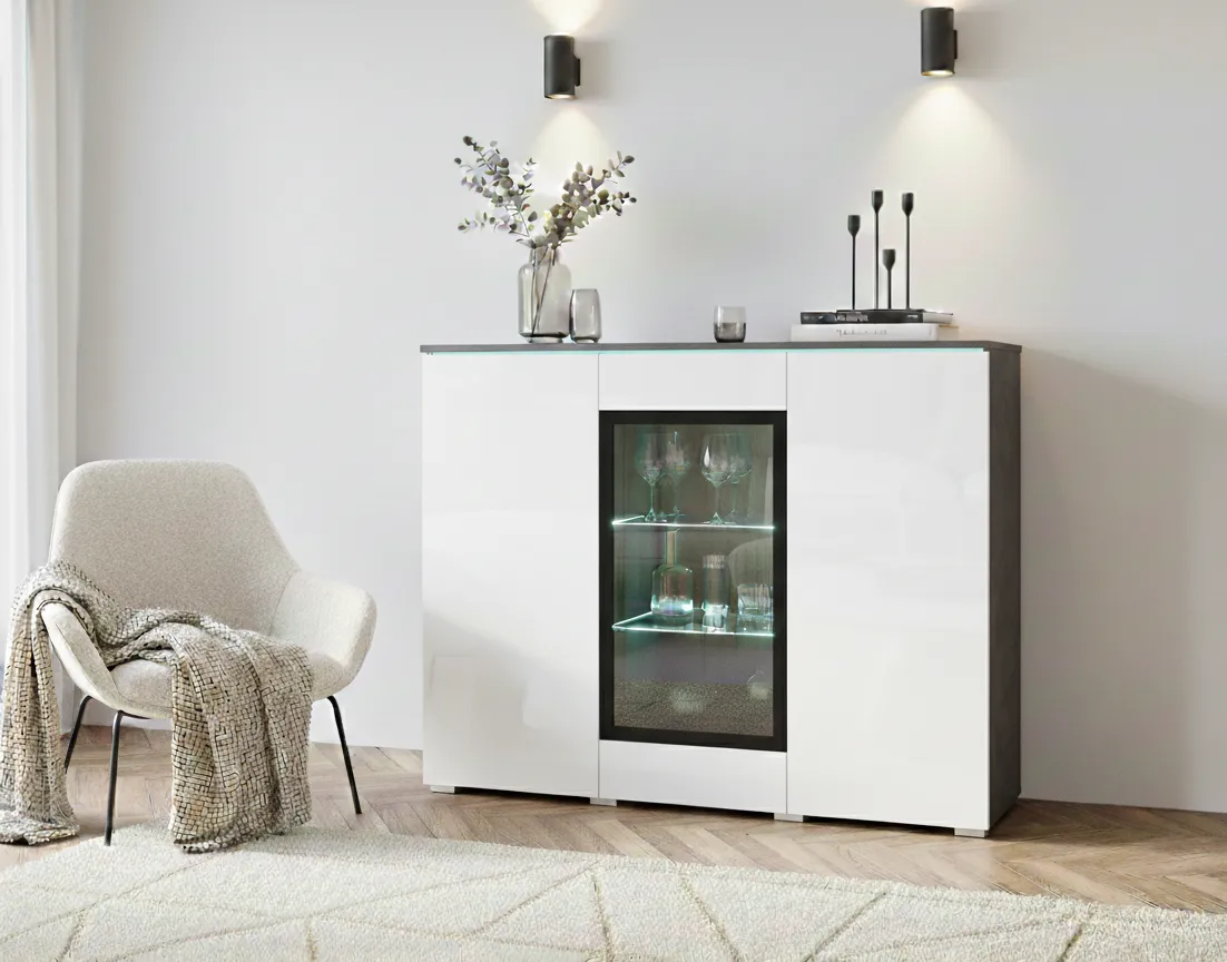 Komoda z przeszkleniem VEVE 120 cm z frontami w połysku